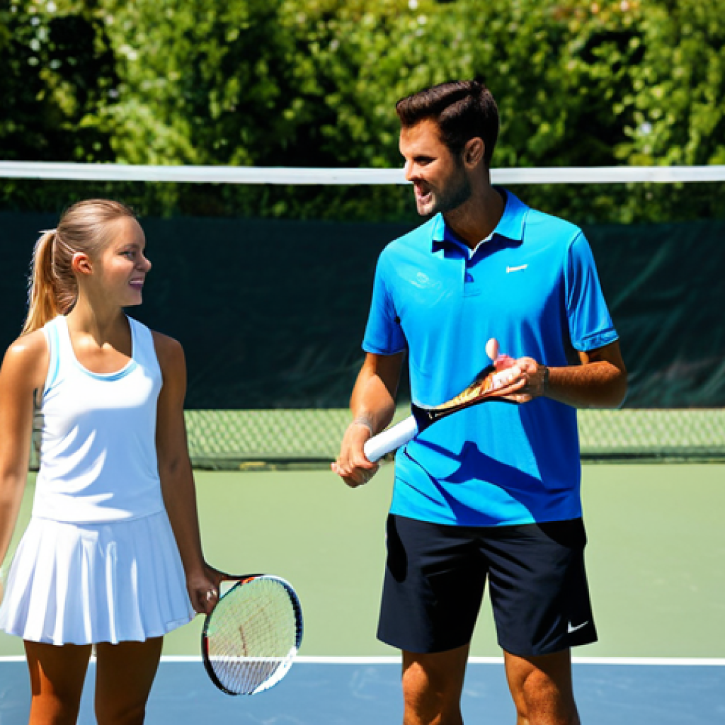 **

"A professional tennis coach demonstrating proper swing technique with a carbon fiber tennis racket to a young adult player on a sunny tennis court. The coach is fully clothed in professional athletic wear, the player is in appropriate tennis attire, safe for work, perfect anatomy, natural proportions, bright daylight, family-friendly atmosphere, professional photography, high quality."

**