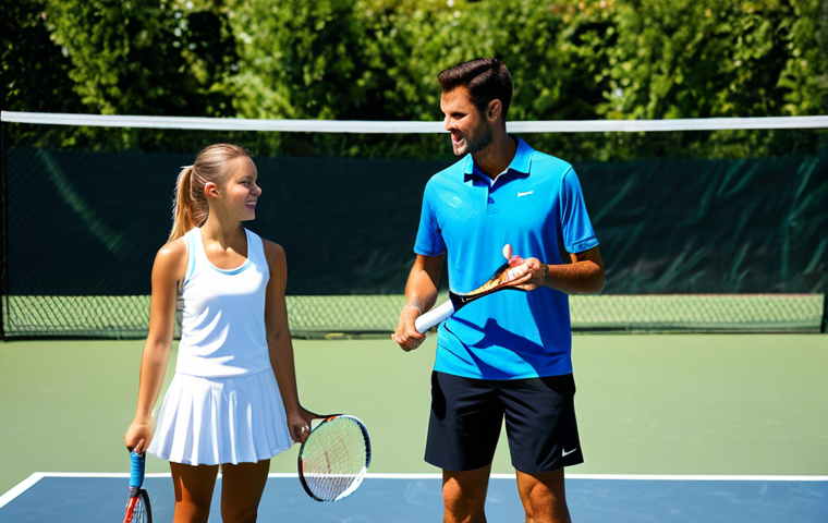 **
"A professional tennis coach demonstrating proper swing technique with a carbon fiber tennis racket to a young adult player on a sunny tennis court. The coach is fully clothed in professional athletic wear, the player is in appropriate tennis attire, safe for work, perfect anatomy, natural proportions, bright daylight, family-friendly atmosphere, professional photography, high quality."
**