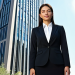 **

"A professional businesswoman in a modest business suit, standing confidently in front of a modern skyscraper during daylight, fully clothed, appropriate attire, safe for work, perfect anatomy, natural proportions, professional photography, high quality, sunny weather."

**