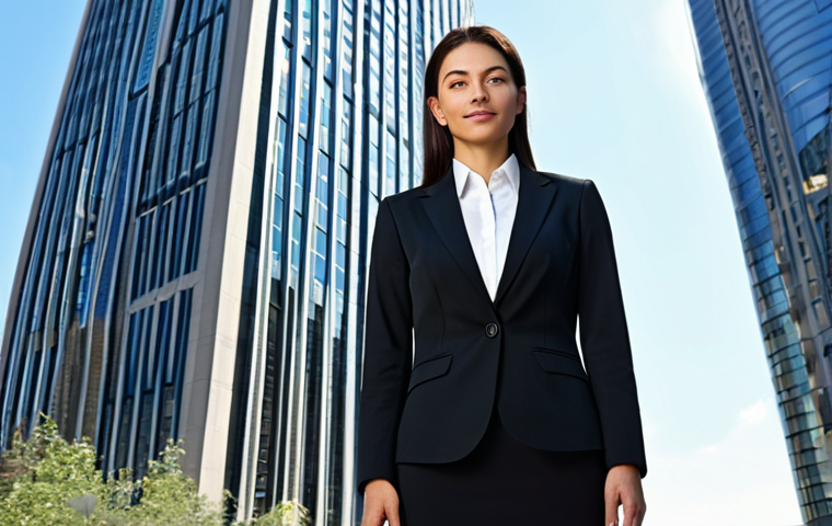 **

"A professional businesswoman in a modest business suit, standing confidently in front of a modern skyscraper during daylight, fully clothed, appropriate attire, safe for work, perfect anatomy, natural proportions, professional photography, high quality, sunny weather."

**