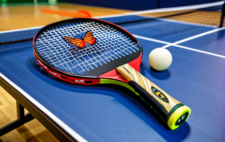 **
"A high-angle, vibrant close-up photo of a brand new Butterfly table tennis racket. The racket features a black and red color scheme with the Butterfly logo prominently displayed. The background is a blurred, bright indoor sports hall. perfect details, 8k, professional quality, safe for work, appropriate content, fully clothed, professional"
**
