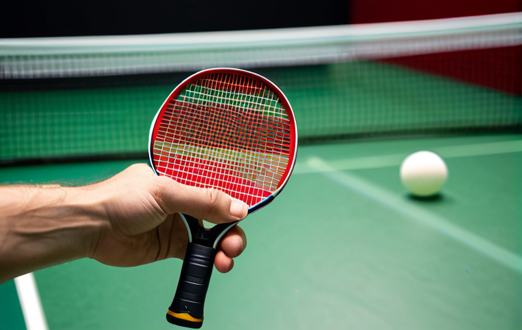 A close-up shot of a professional table tennis player's hand holding a racket with a shakehand grip. The focus is on the hand and the grip, showing the details of the fingers and the way they hold the racket. Professional lighting, clear focus, high resolution. "Safe for work", "appropriate content", "fully clothed", "professional".