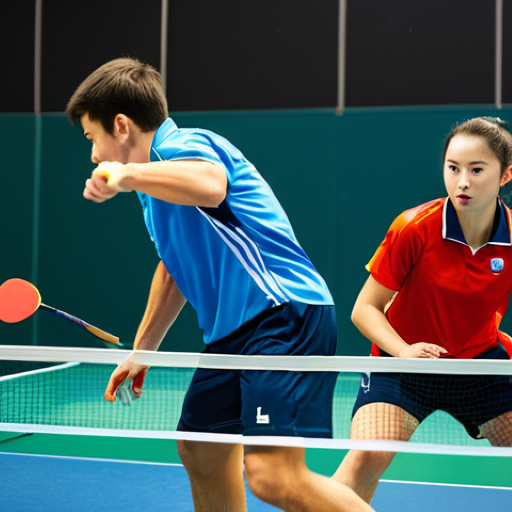 탁구 경기장 규격과 안전수칙 - **

A vibrant, safe for work photo of two professional table tennis players, fully clothed in approp...