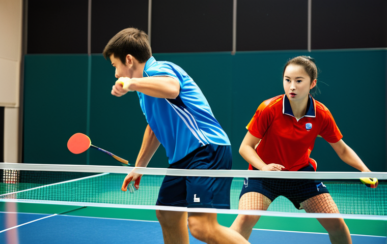 탁구 경기장 규격과 안전수칙 - **
A vibrant, safe for work photo of two professional table tennis players, fully clothed in approp...