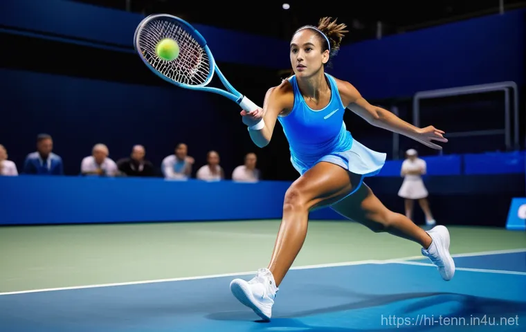 테니스 실내와 실외 경기 차이 - **Indoor Hardcourt Tennis Player in Action:** A professional female tennis player, depicted in a dyn...