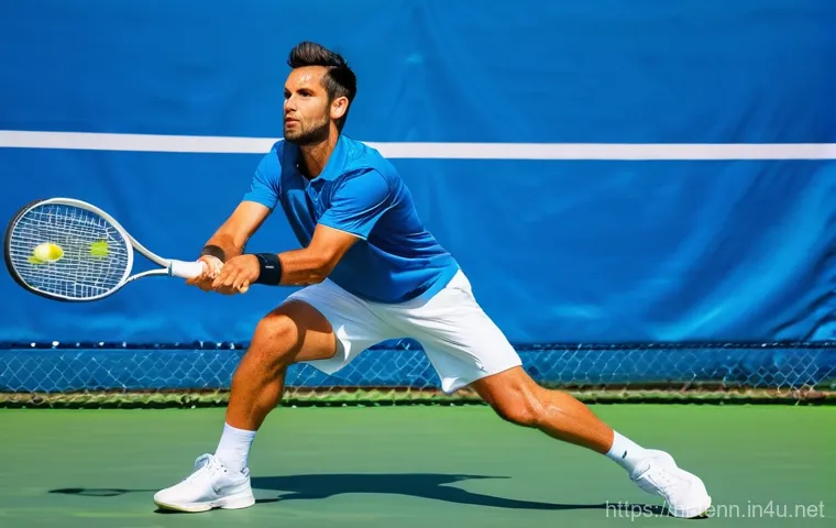 테니스와 탁구 경기의 운동 효과 - **Image Prompt 1: Intense Focus and Dynamic Tennis Action**
    "A male professional tennis player, ...