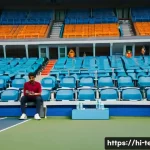 테니스 관람 예절 - A serene tennis stadium scene with attentive spectators sitting quietly in their designated seats, s...