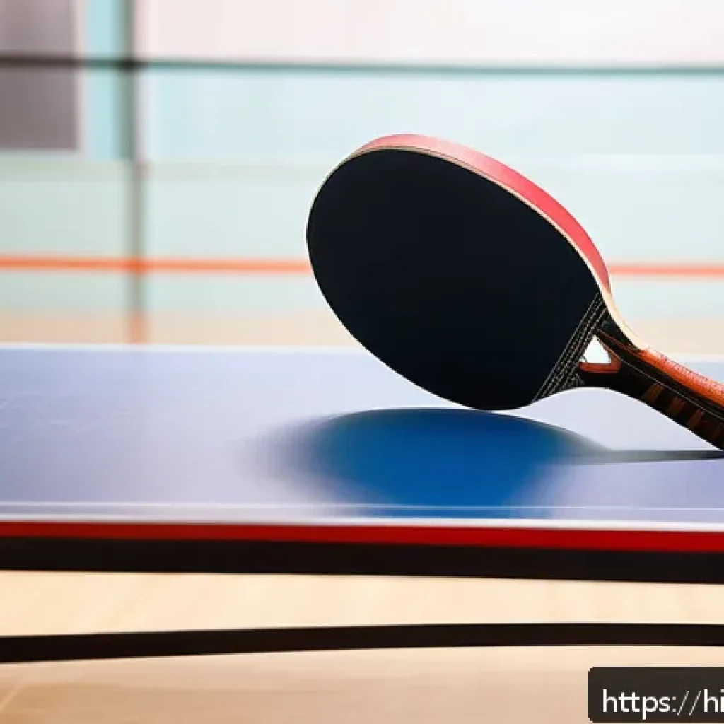 탁구 라켓 무게와 성능 비교 - A detailed close-up of a table tennis racket made from a hybrid of wood and carbon fiber, highlighti...