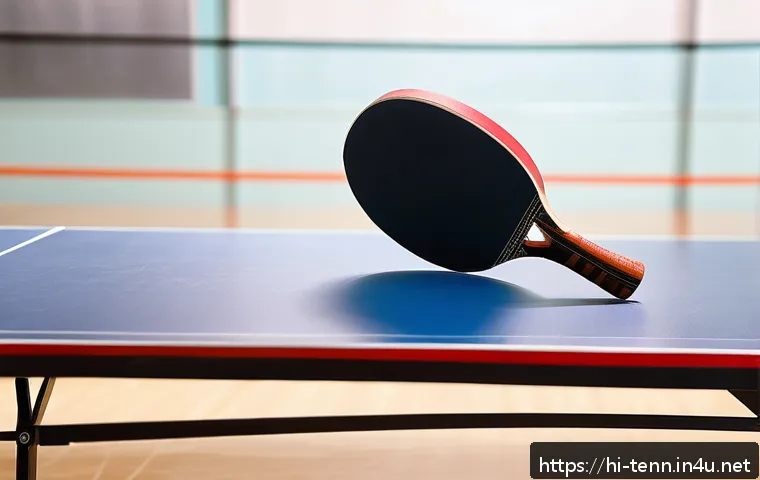 탁구 라켓 무게와 성능 비교 - A detailed close-up of a table tennis racket made from a hybrid of wood and carbon fiber, highlighti...