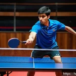 Home 22 탁구 라켓 리뷰 - A professional table tennis player practicing with a lightweight carbon blade racket, showing intens...