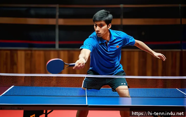 탁구 라켓 리뷰 - A professional table tennis player practicing with a lightweight carbon blade racket, showing intens...
