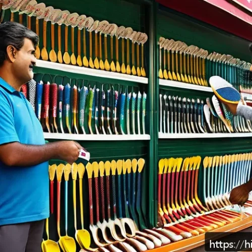 Home 33 탁구 라켓 구매처 비교 - A vibrant and detailed scene of a bustling local sports shop in India, showcasing a variety of tenni...