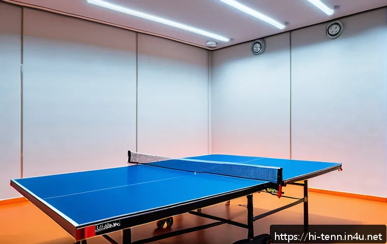 탁구에 적합한 실내 조명 - A modern indoor table tennis room illuminated with evenly distributed LED ceiling lights at a height...