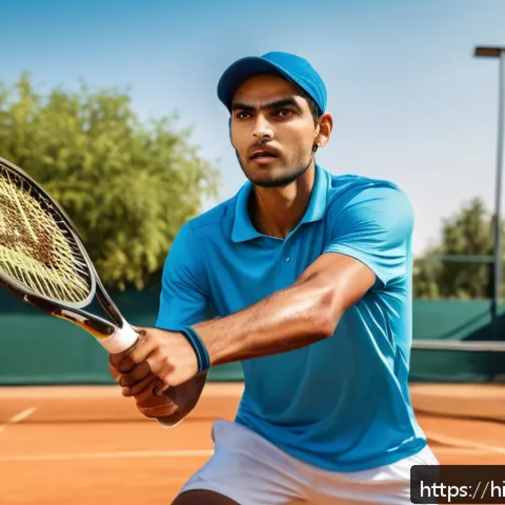 테니스 토너먼트 준비 팁 - A young Indian male tennis player in mid-action on an outdoor clay court during a sunny day, wearing...