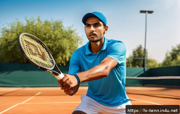 테니스 토너먼트 준비 팁 - A young Indian male tennis player in mid-action on an outdoor clay court during a sunny day, wearing...