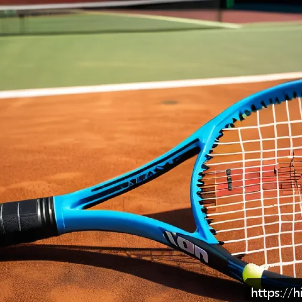 테니스 필수 장비 - A detailed and realistic close-up image of a tennis racket showcasing its features: a medium-weight ...