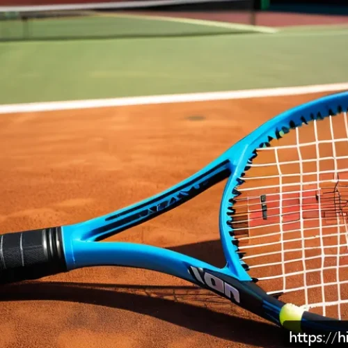 Home 17 테니스 필수 장비 - A detailed and realistic close-up image of a tennis racket showcasing its features: a medium-weight ...