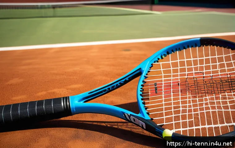 테니스 필수 장비 - A detailed and realistic close-up image of a tennis racket showcasing its features: a medium-weight ...