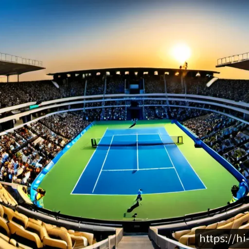 테니스 관람 장소 추천 - Photorealistic panoramic view of a modern tennis stadium during a thrilling evening match, viewed fr...