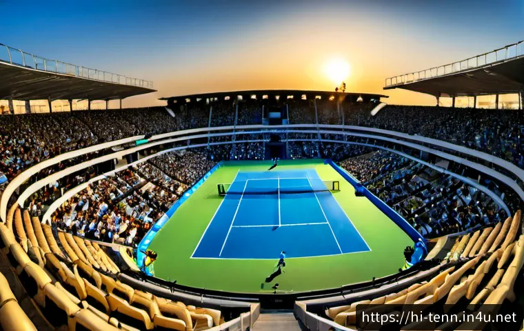 테니스 관람 장소 추천 - Photorealistic panoramic view of a modern tennis stadium during a thrilling evening match, viewed fr...