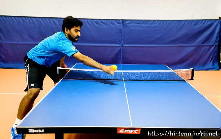 Home 17 탁구 실력 향상을 위한 연습법 - Photorealistic indoor table tennis practice scene, focused adult player in modest athletic clothing ...