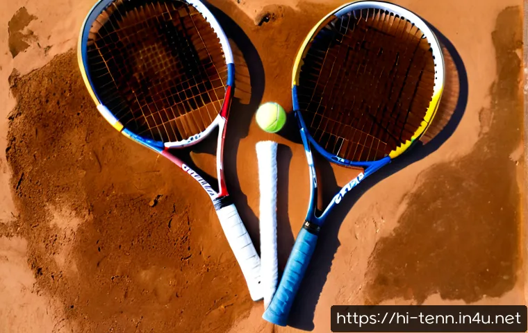 Home 17 테니스 라켓 브랜드별 차이 - Photorealistic overhead comparison of four premium unbranded tennis rackets arranged neatly on a cle...