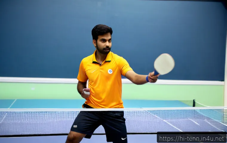 Home 17 탁구 경기 중 흔한 실수와 대처법 - Photorealistic indoor table tennis training scene, an Indian adult player calmly correcting a common...