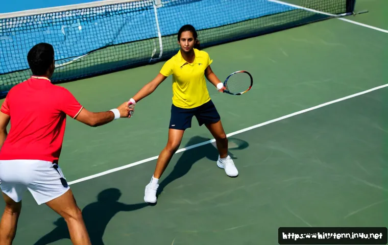 테니스 복식 경기 규칙 - Photorealistic tennis doubles match on a clean outdoor hard court, four adult players in coordinated...